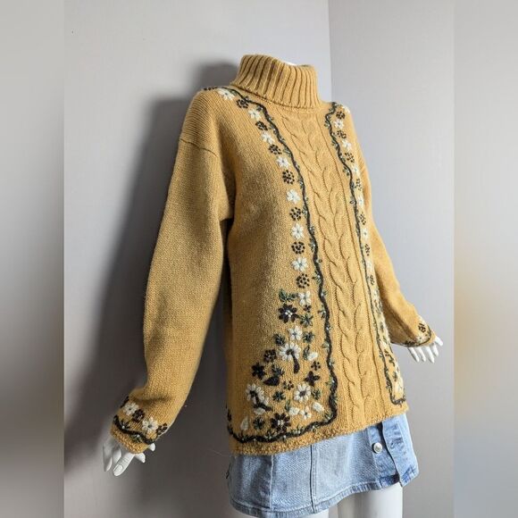 Women's cable knit wool turtle neck embroidered flowers Point Zero 90s M - Picture 2 of 10